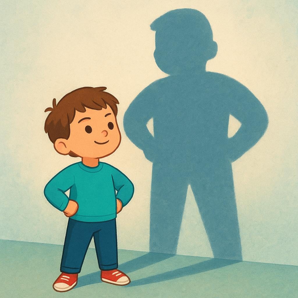A small child stands bravely and confidently, holding their chin up while facing a very large, non-threatening shadow of a creature in a dimly lit room.