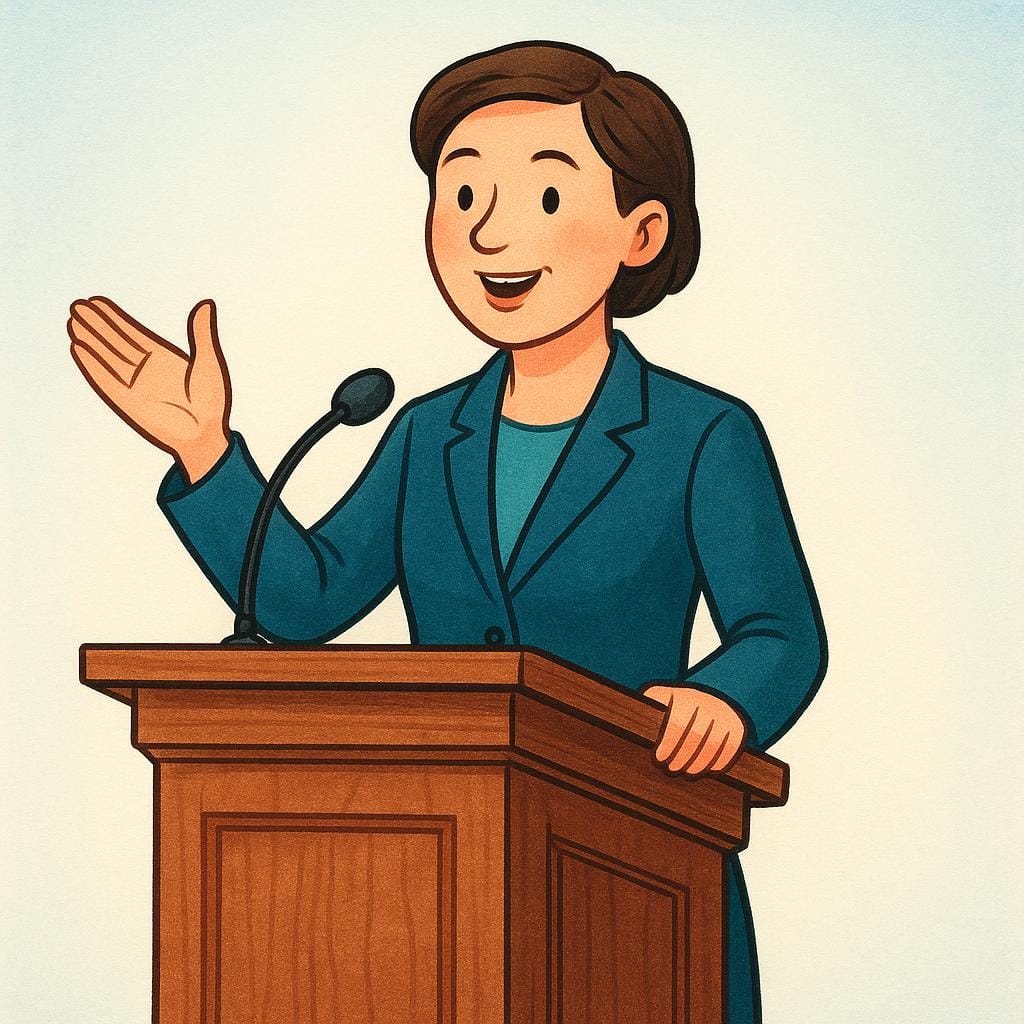A well-dressed person stands behind a simple wooden podium with a microphone, gesturing with one hand while delivering a formal speech to an unseen audience.
