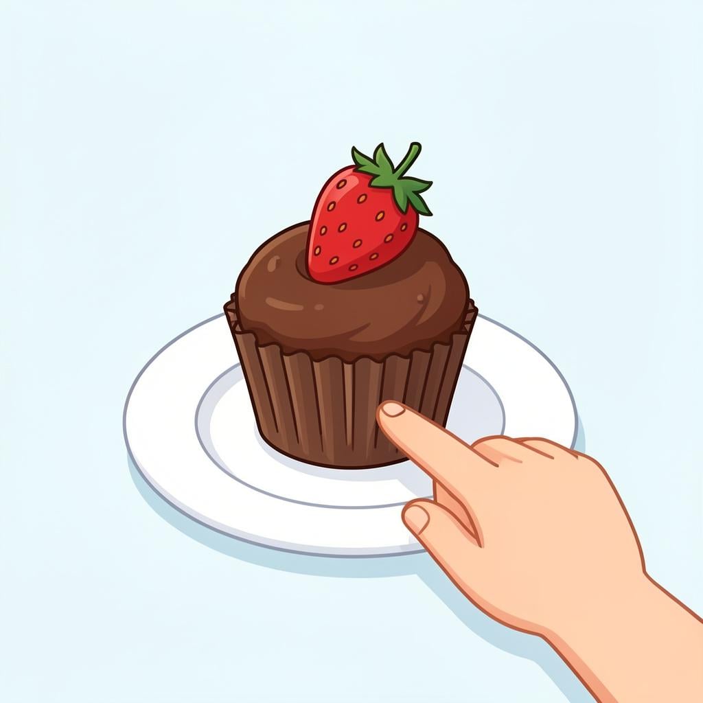 A small child looking at a delicious chocolate cupcake with a single strawberry on top, reaching out a hand while looking conflicted.