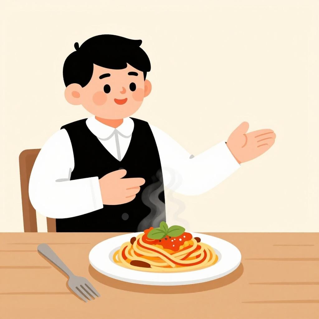A friendly waiter pointing towards a delicious plate of pasta on a table.