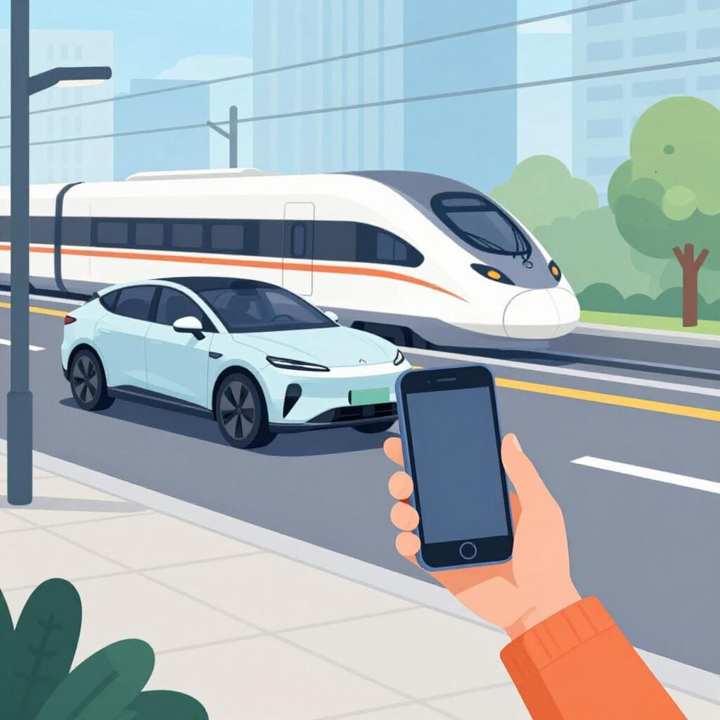 A modern city street with contemporary electric cars, a person using a sleek smartphone, and a high-speed train in the background.