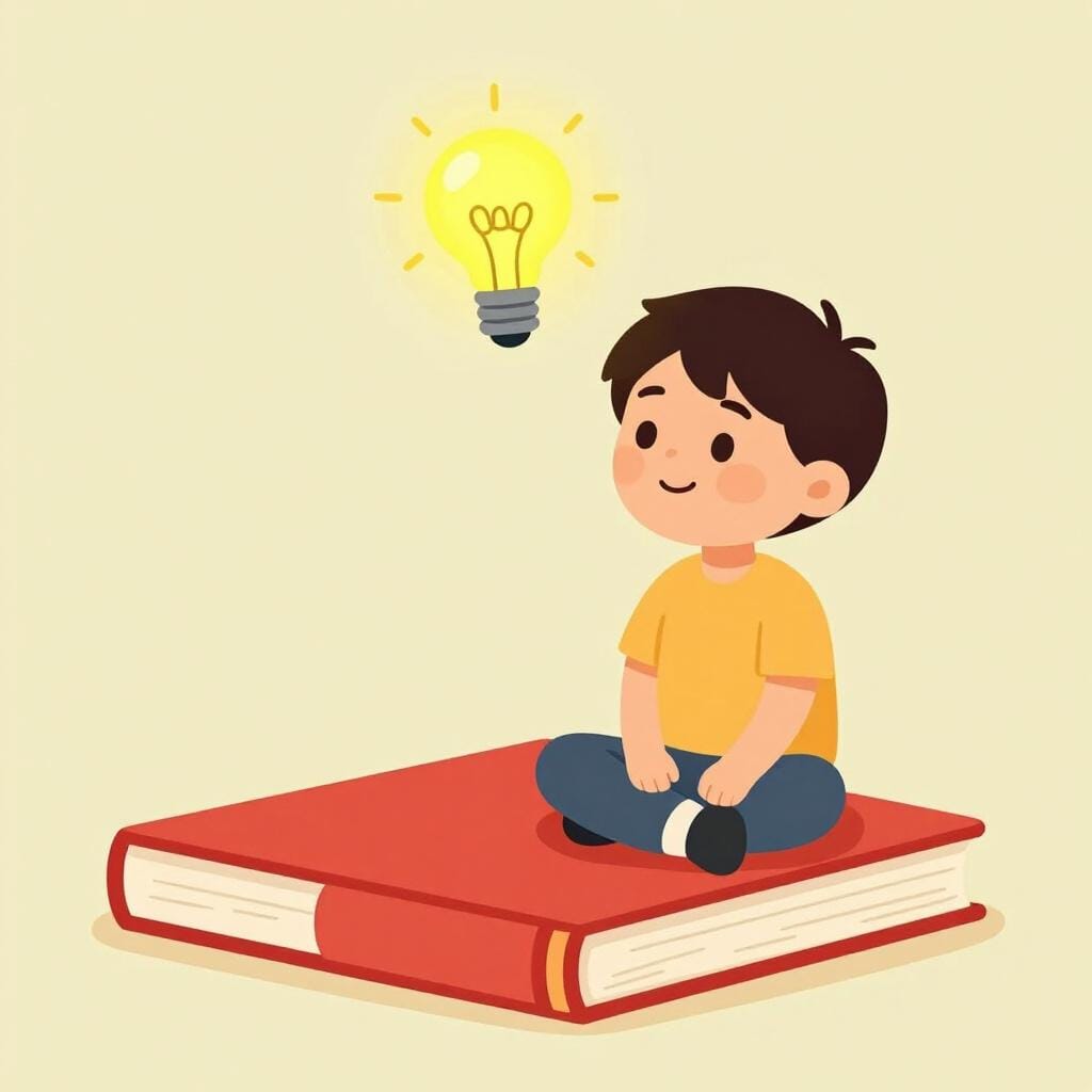 Un bambino stilizzato seduto a gambe incrociate accanto a un grande libro rosso chiuso sul pavimento, con una piccola lampadina gialla e luminosa che fluttua pacificamente sopra la testa del bambino, a simboleggiare la conoscenza acquisita.