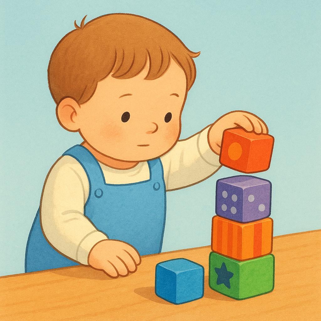 A storybook illustration showing a young child's hand gently placing a colorful toy block onto a small stack of blocks.