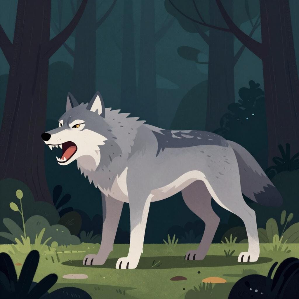 A snarling wolf with bared teeth standing in a dark forest.