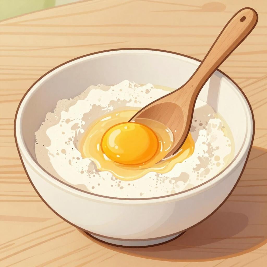 A wooden bowl with flour, eggs, and sugar being stirred together with a wooden spoon.