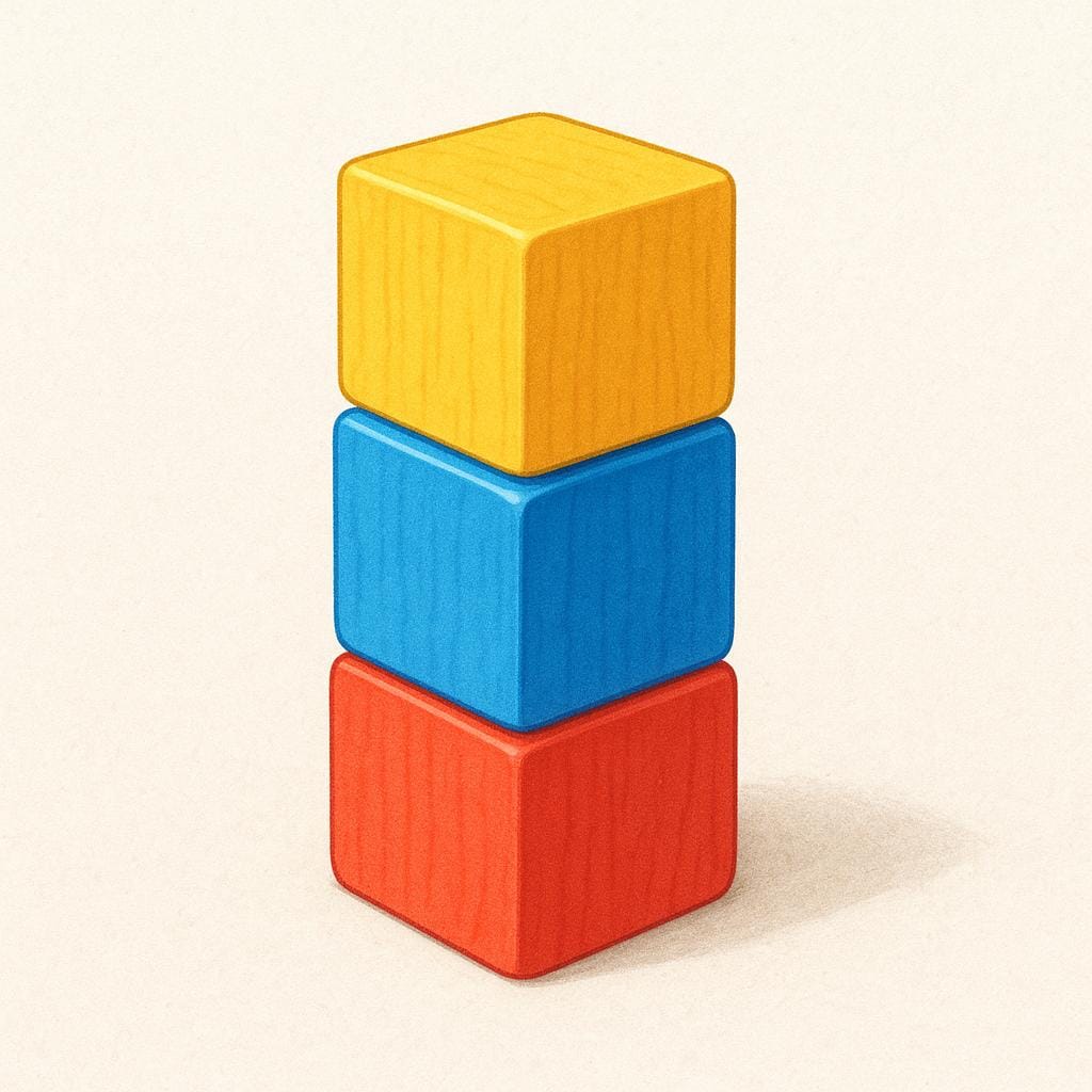 Een perfect geconstrueerde toren van drie blokken, gemaakt van felgekleurde houten blokken (rood, blauw, geel) op een effen ondergrond, wat duidt op gemakkelijk te begrijpen.