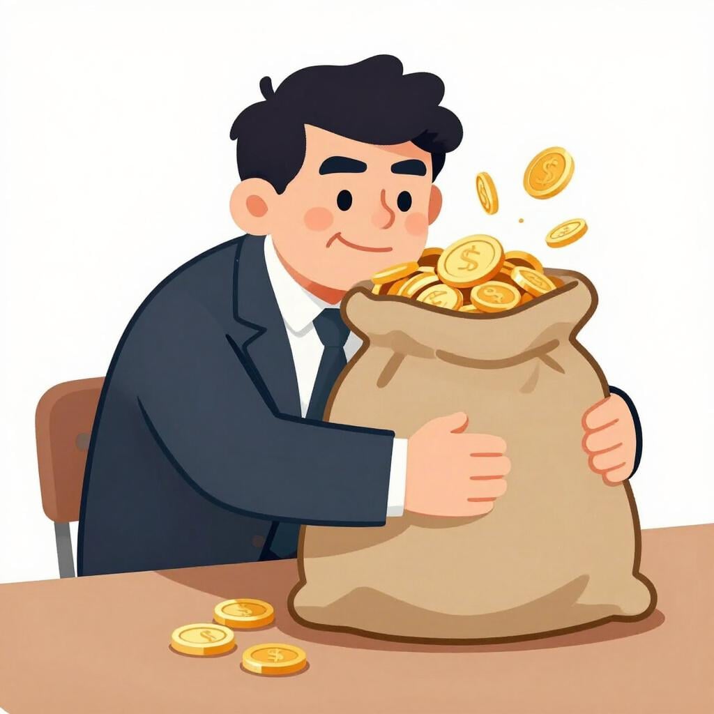 Un homme cupide en costume sombre serrant un gros sac de pièces d'or avec une expression rusée.