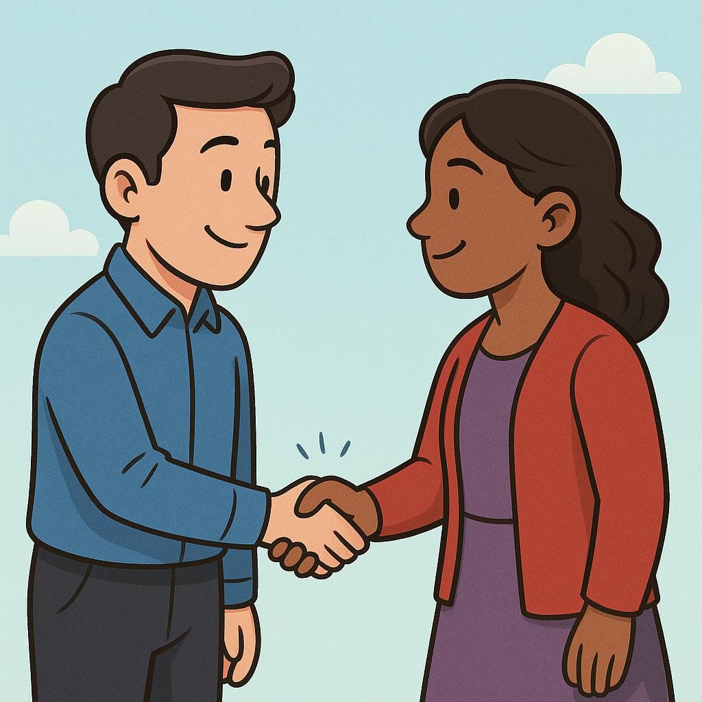 Due personaggi dei cartoni animati in piedi uno di fronte all'altro, che si stringono la mano con fermezza e annuiscono in segno di accordo reciproco su un'idea invisibile condivisa, a simboleggiare un'opinione condivisa.