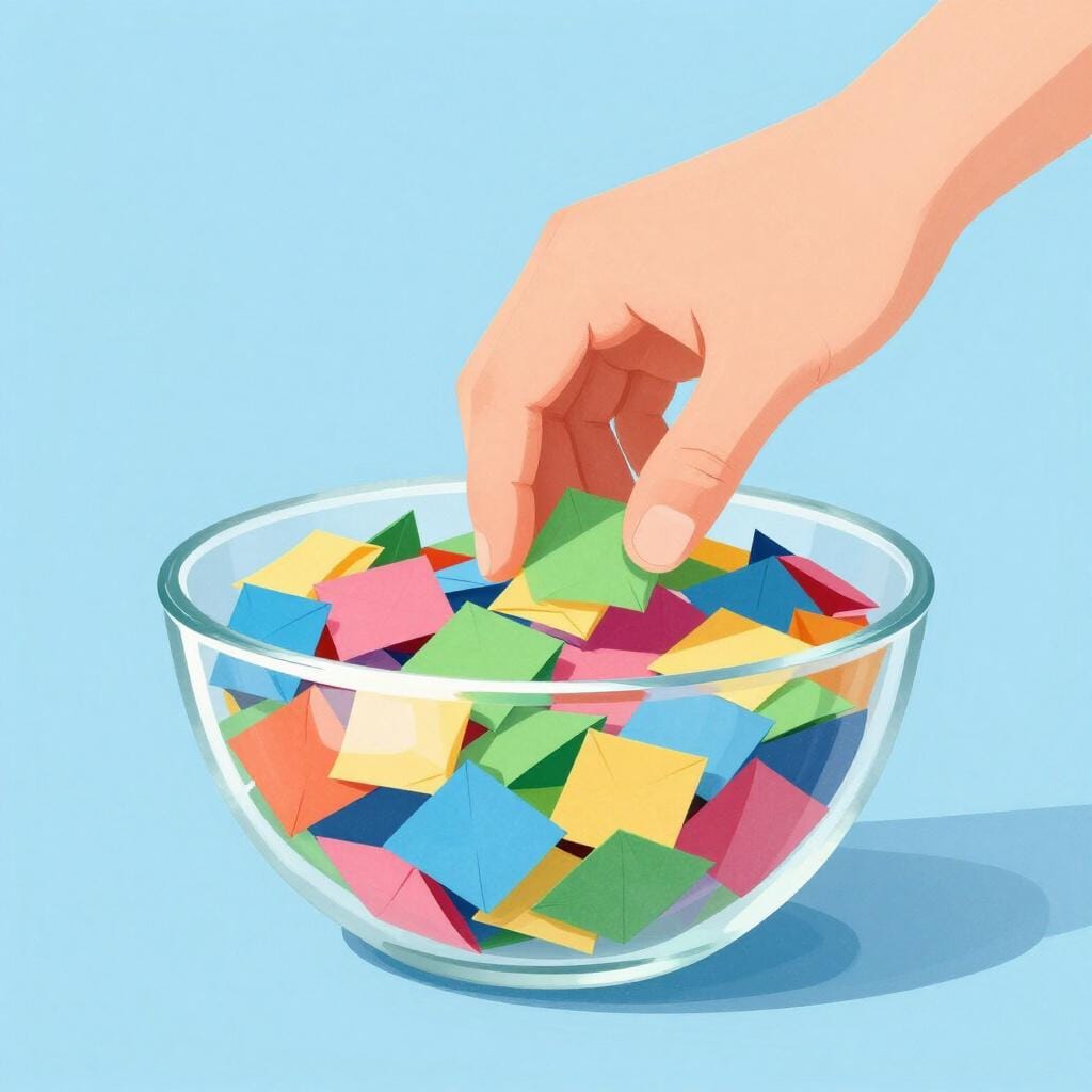 A hand reaching into a large glass bowl filled with many small folded slips of paper to pick a winner.