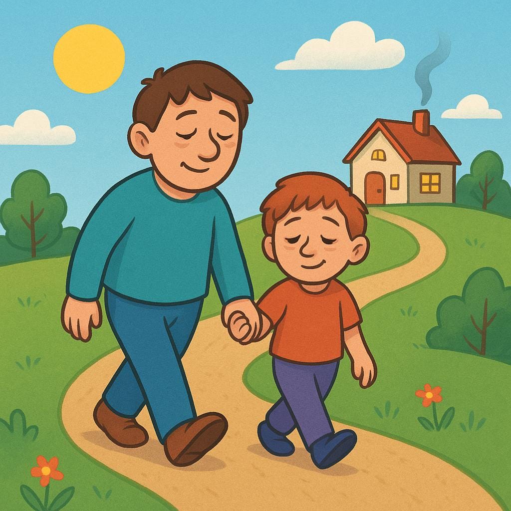 Two small figures walking up a winding path towards a brightly lit, cozy house nestled among green hills, illustrating the act of returning.