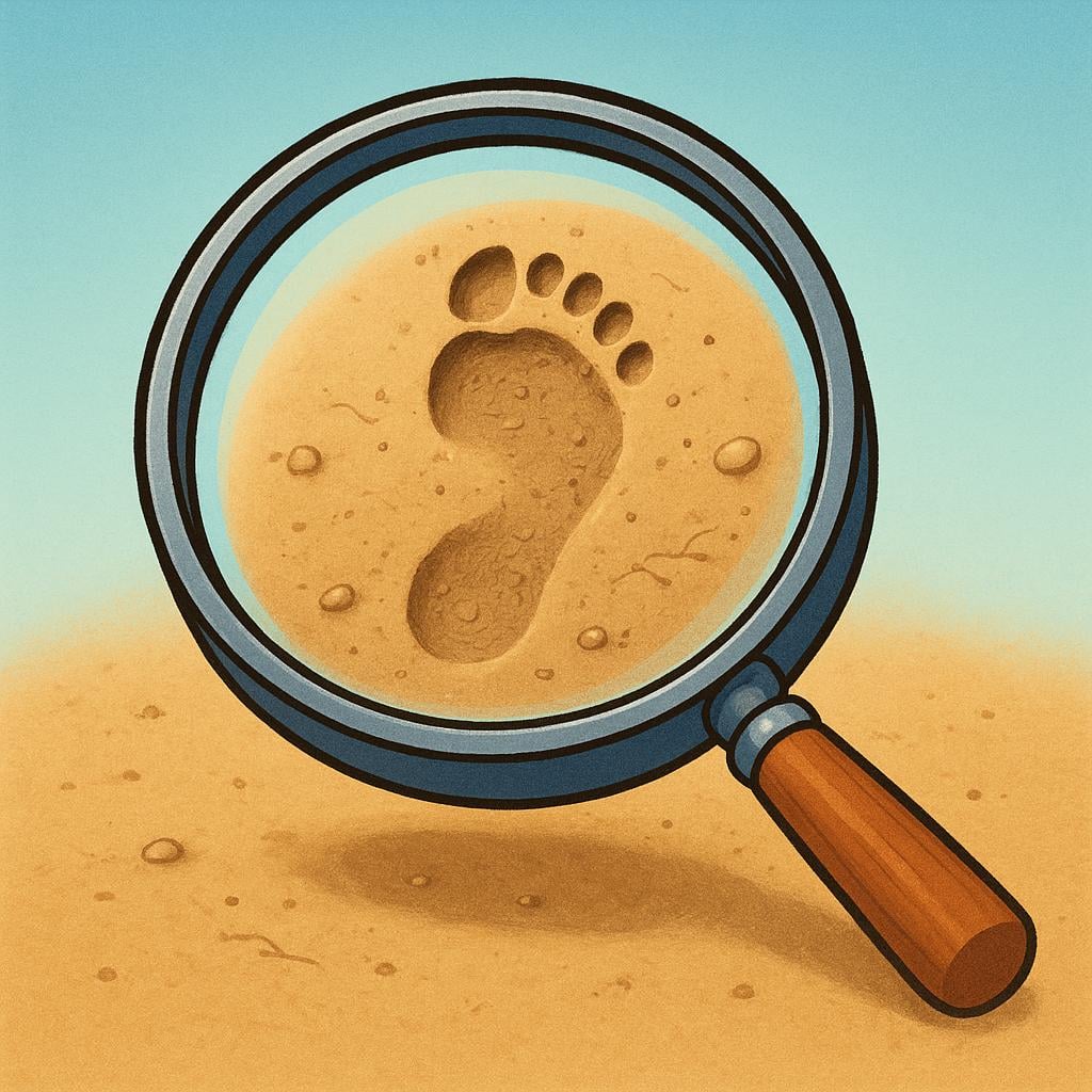 A large magnifying glass hovering over a distinct, fresh footprint pressed into soft dirt, symbolizing proof.