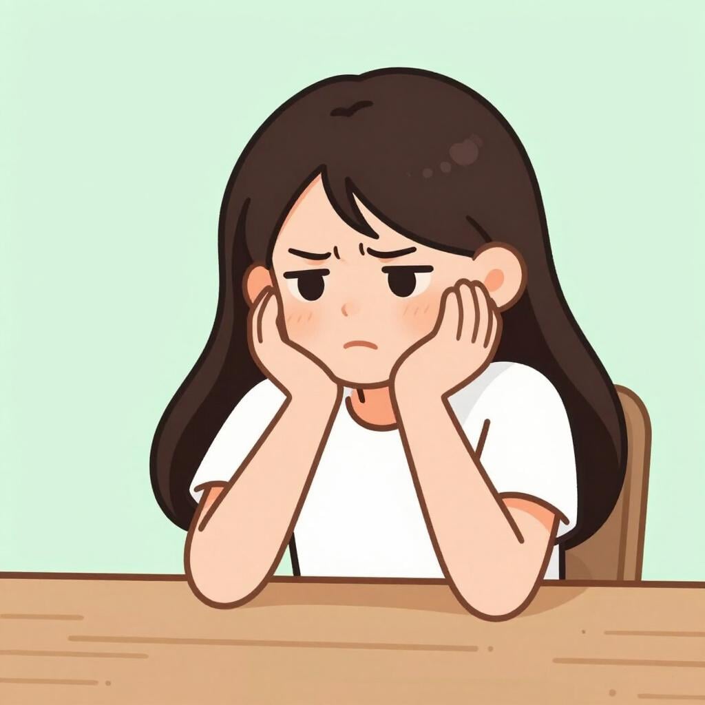 A simple illustration of a woman character sitting at a wooden table, resting her cheek heavily on her fist, looking intensely bored and annoyed, sighing dramatically.