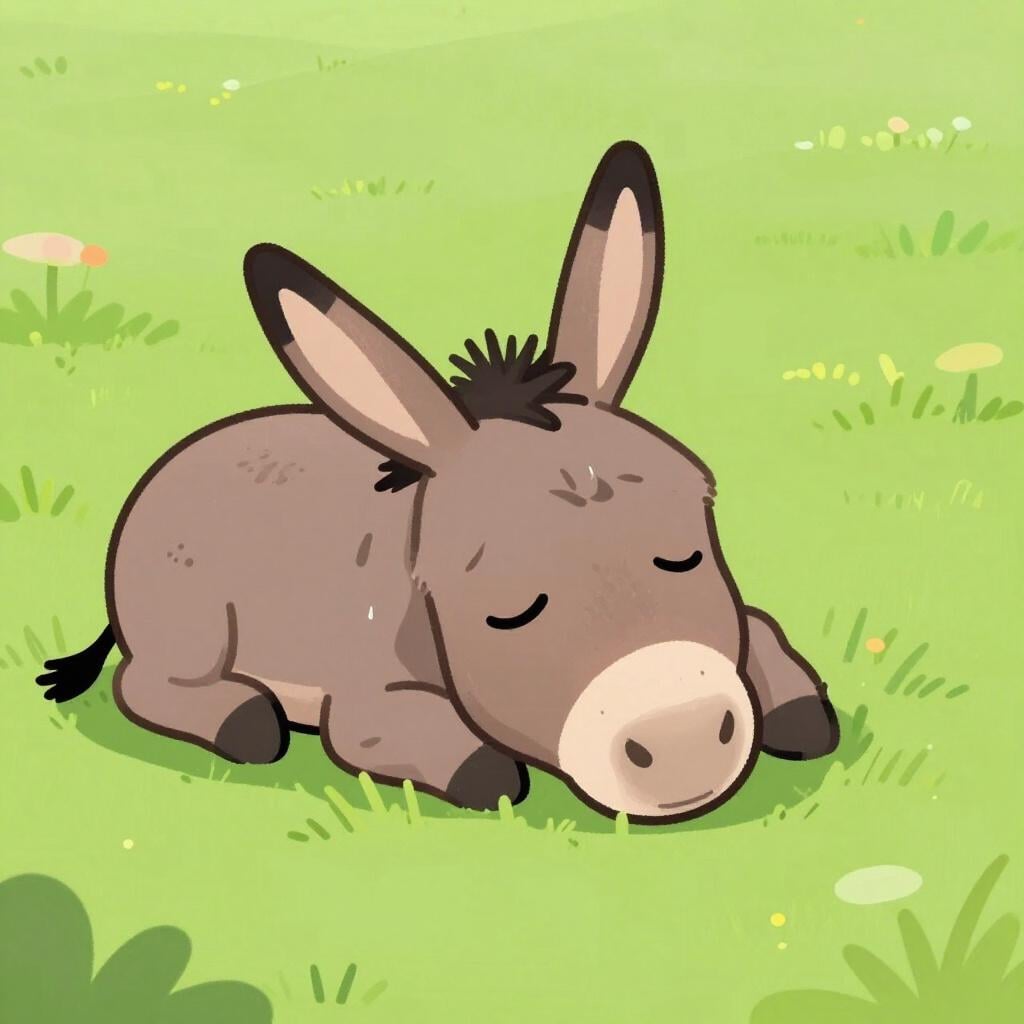 長い一日の後、草の上に横たわる疲れたロバ。