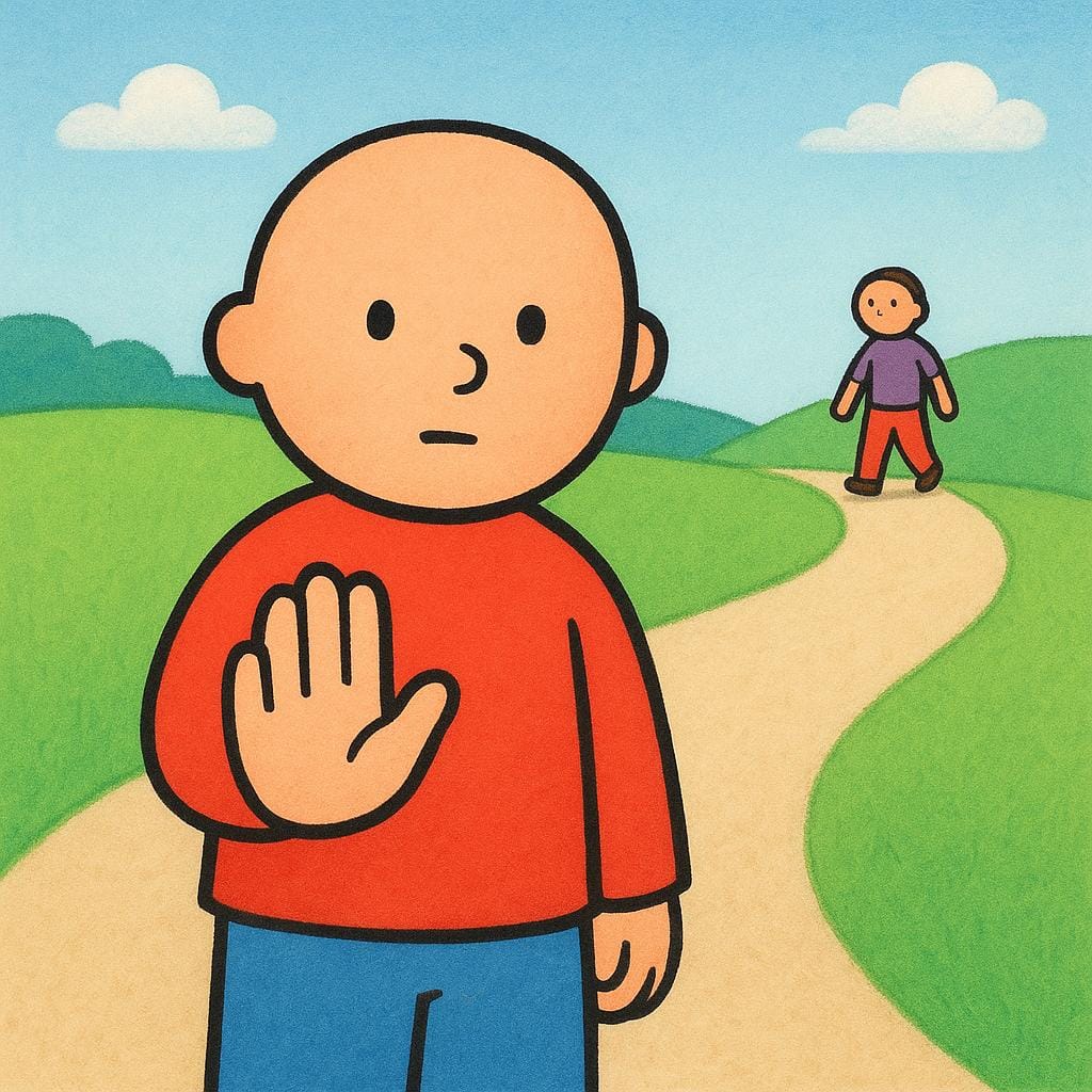 一人の人物がもう一人の人物に手のひらを開いて「止まれ」のジェスチャーをし、動きを止めている様子を描いたカラフルな絵本風のイラスト。「待とう」という提案を象徴している。