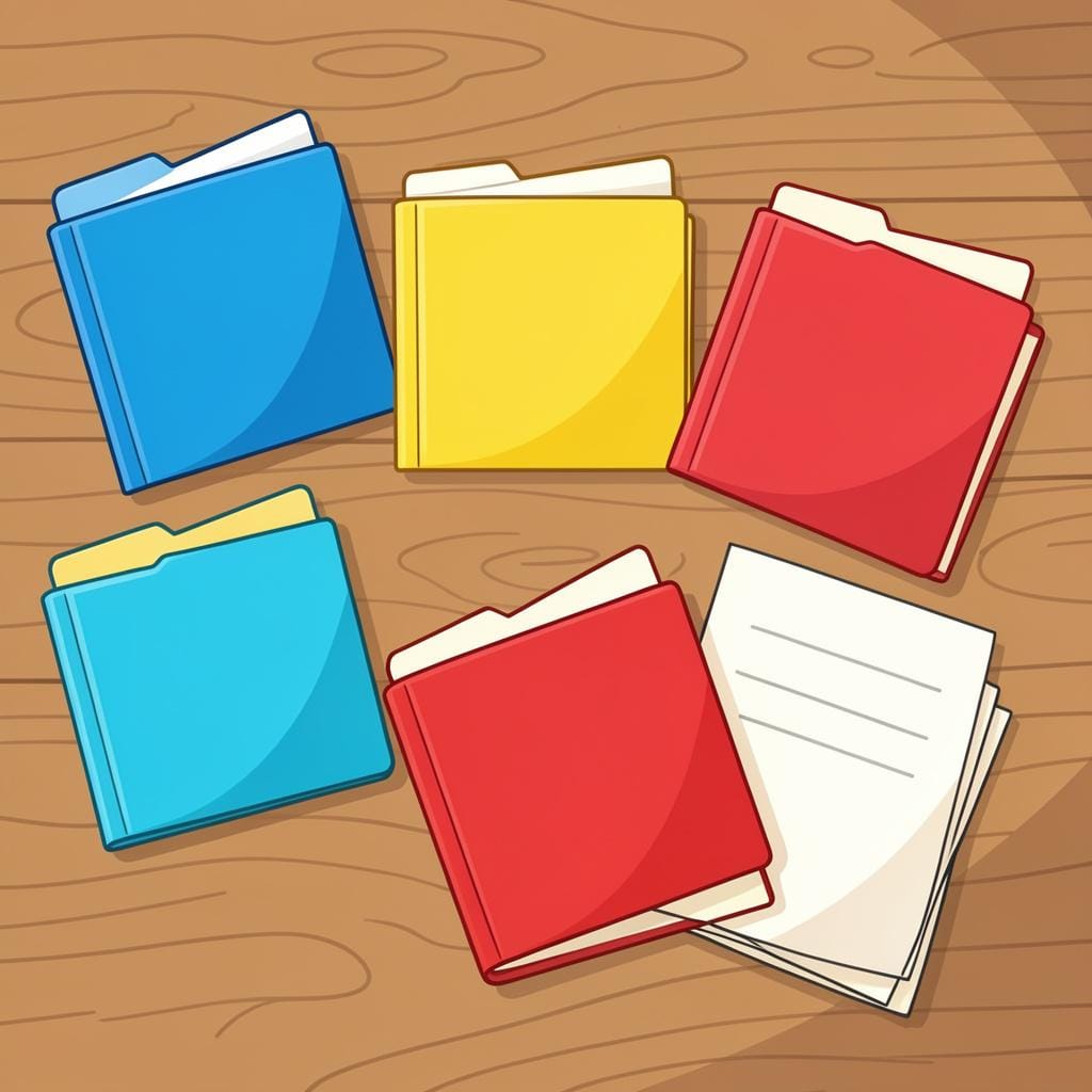 A group of colorful folders and papers spread across a wooden table, representing different topics.