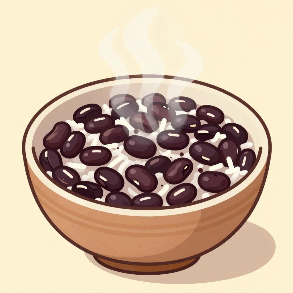 A ceramic bowl filled with a mixture of black beans and white rice.
