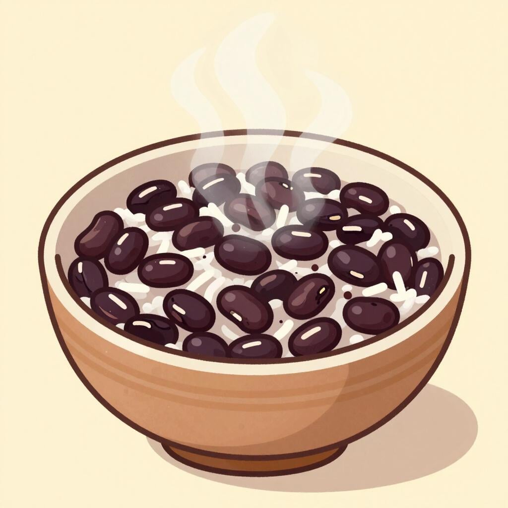 A ceramic bowl filled with a mixture of black beans and white rice.