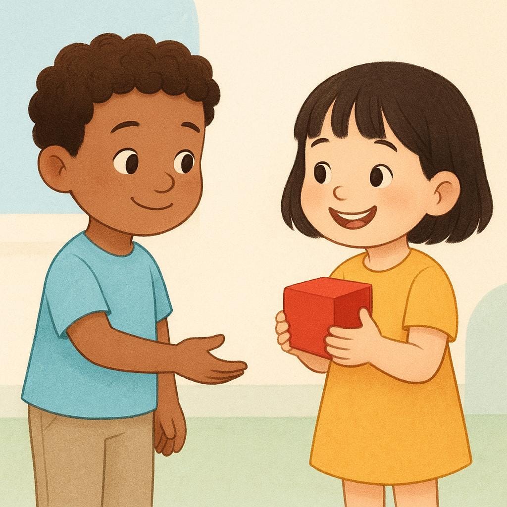 A simple storybook illustration of a child who has just handed a bright red block to another child. The giver's hand is empty and the receiver is happily holding the block, signifying a completed action.