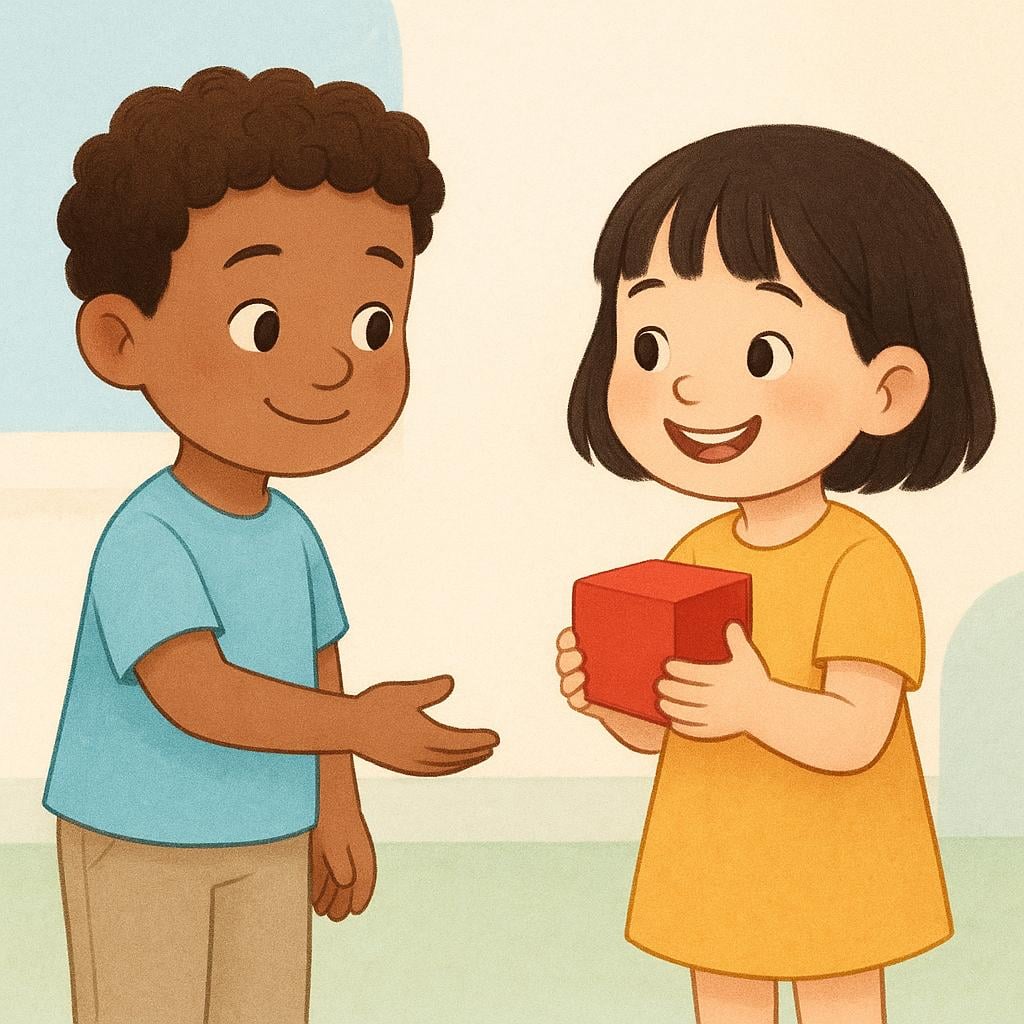 A simple storybook illustration of a child who has just handed a bright red block to another child. The giver's hand is empty and the receiver is happily holding the block, signifying a completed action.