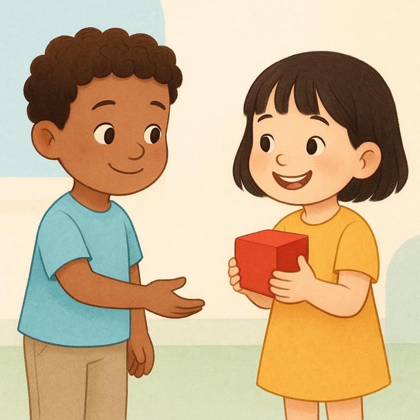 A simple storybook illustration of a child who has just handed a bright red block to another child. The giver's hand is empty and the receiver is happily holding the block, signifying a completed action.
