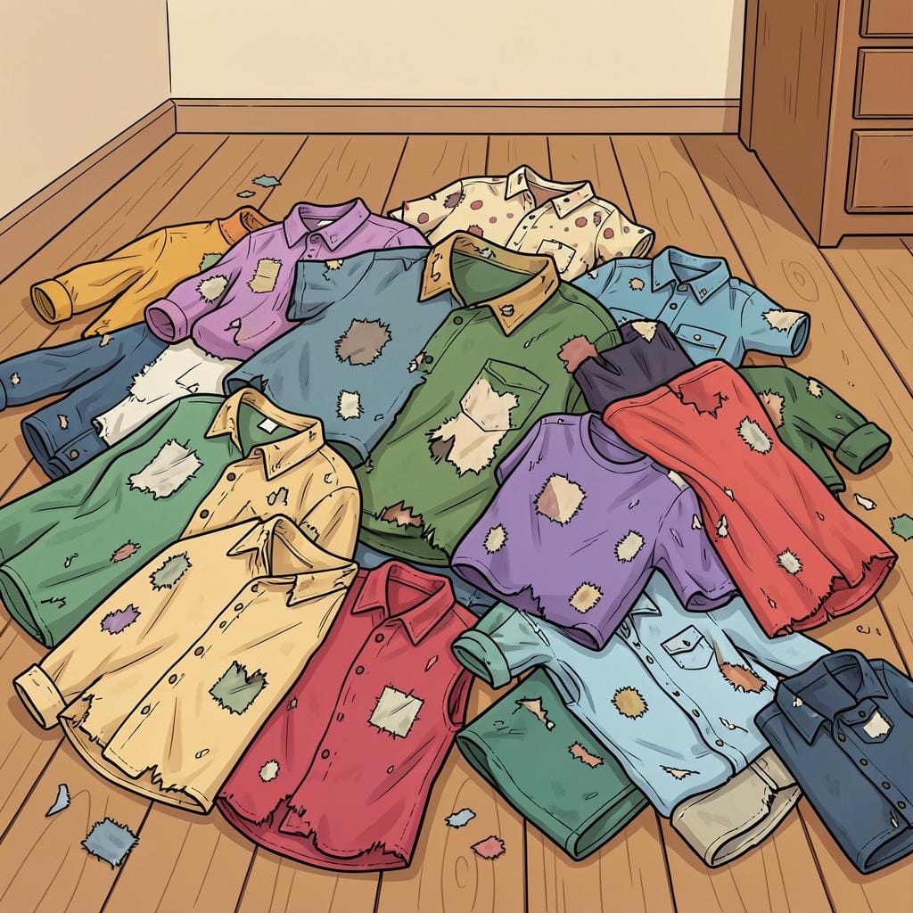 A pile of folded, worn-out colorful clothes.