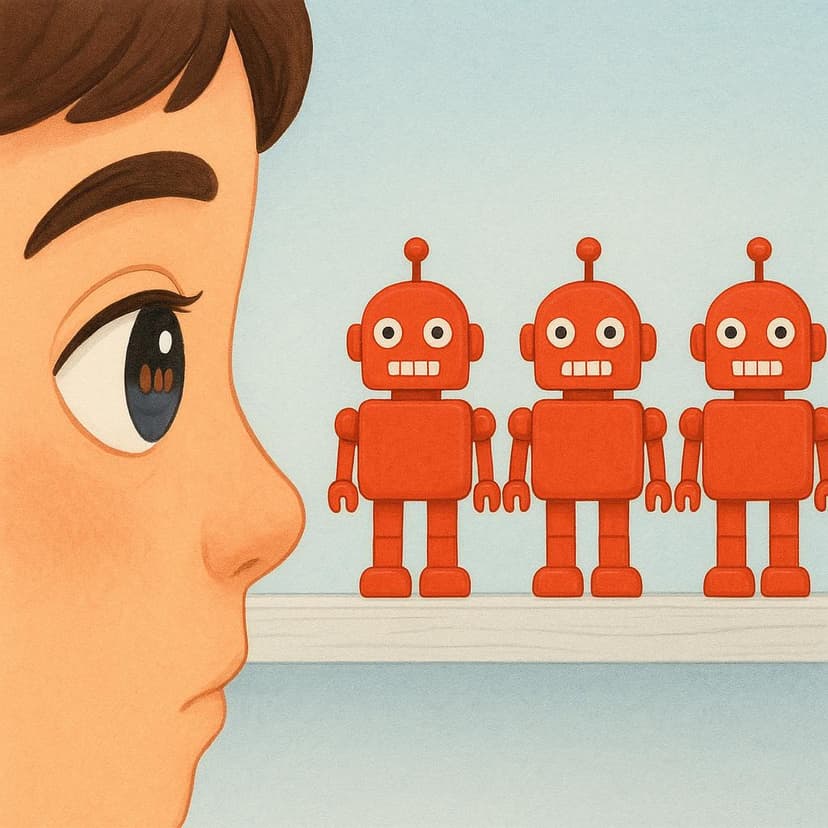 Un volto umano mostrato di profilo, con un occhio spalancato e concentrato intensamente su tre robot giocattolo dai colori vivaci disposti uno accanto all'altro su una superficie.