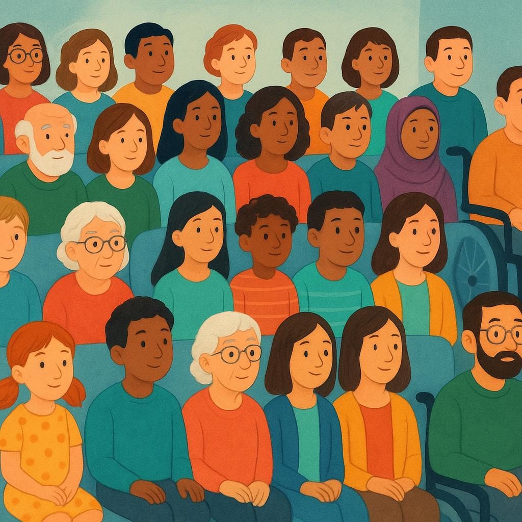 A large, diverse group of people sitting in rows, focused forward, representing an audience watching a stage or screen.