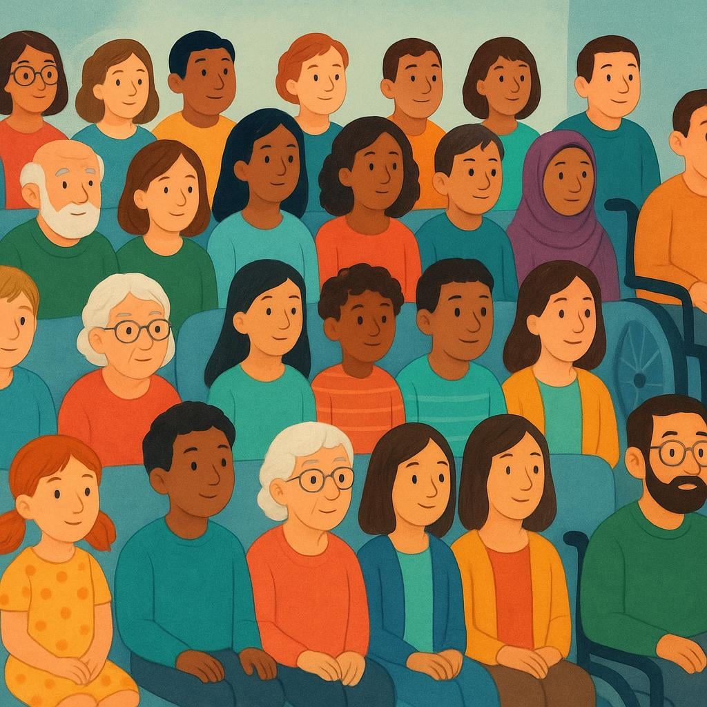 A large, diverse group of people sitting in rows, focused forward, representing an audience watching a stage or screen.