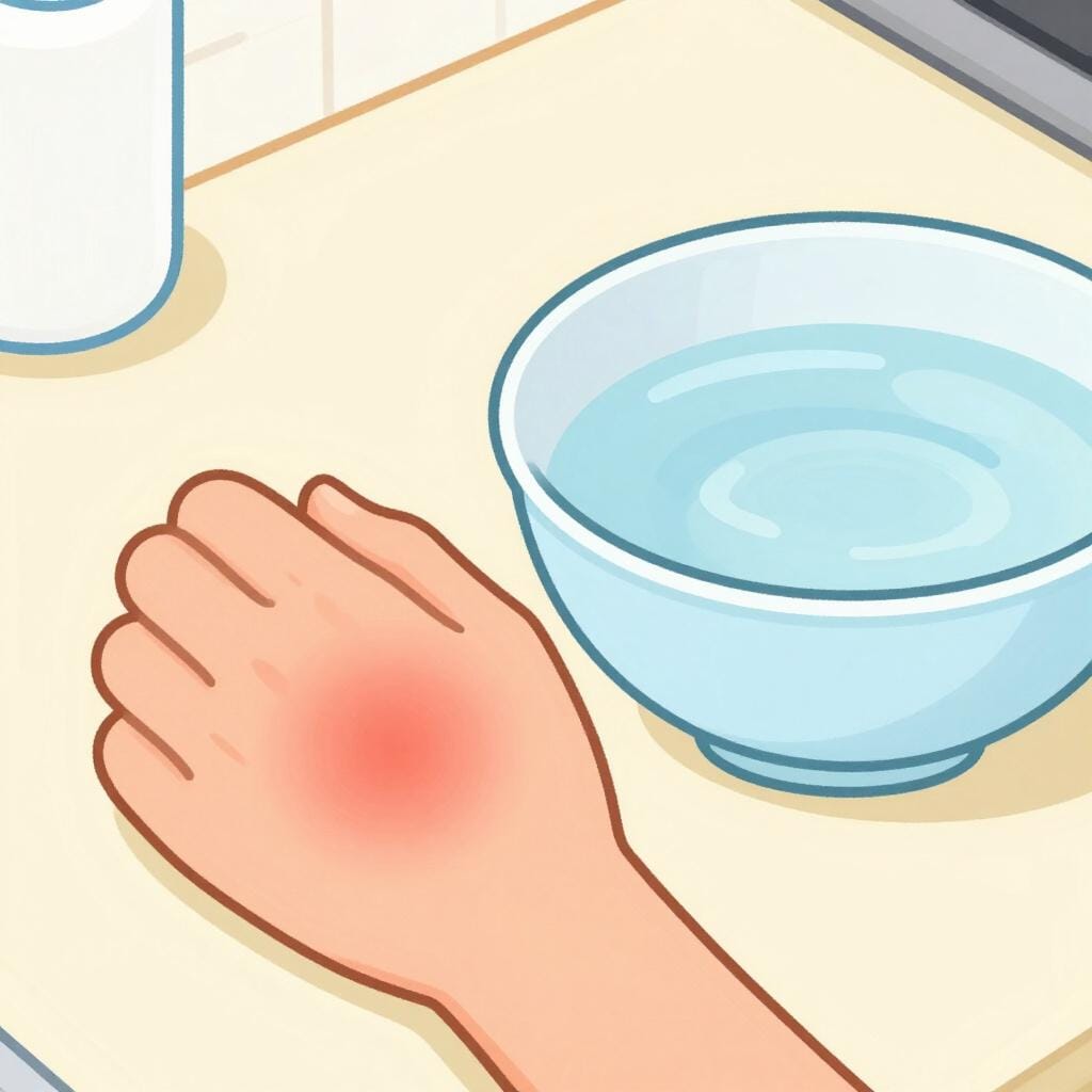 A simple illustration of a person's red, irritated hand after touching a hot surface.