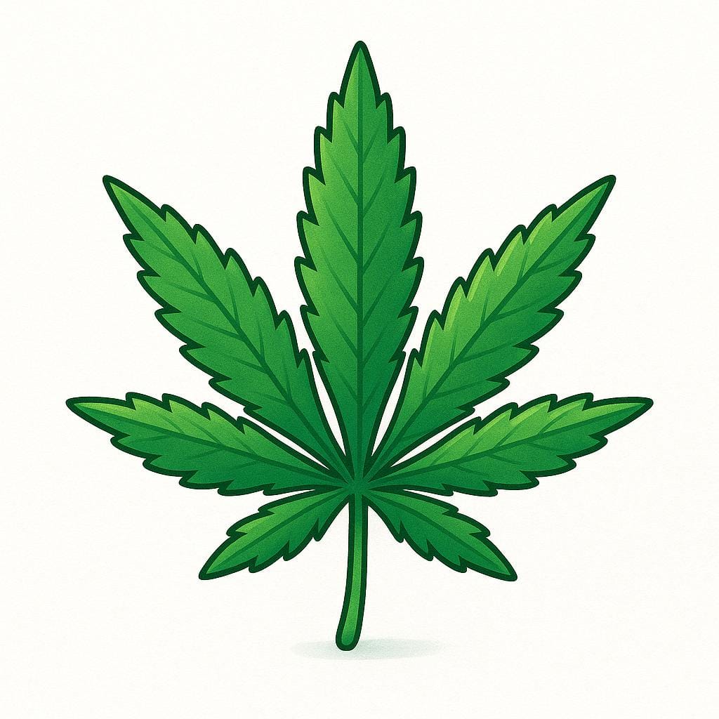 A brightly colored illustration of a single, iconic green cannabis leaf with seven points.
