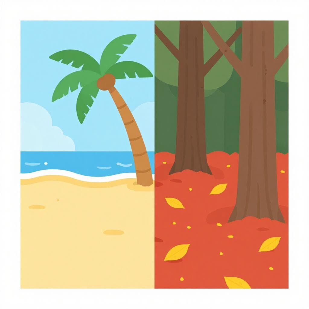 Uma ilustração de livro de histórias colorida retratando dois períodos distintos lado a lado: uma praia ensolarada e brilhante com uma única palmeira representando o verão e um chão de floresta coberto de folhas caídas vermelhas e amarelas representando o outono.