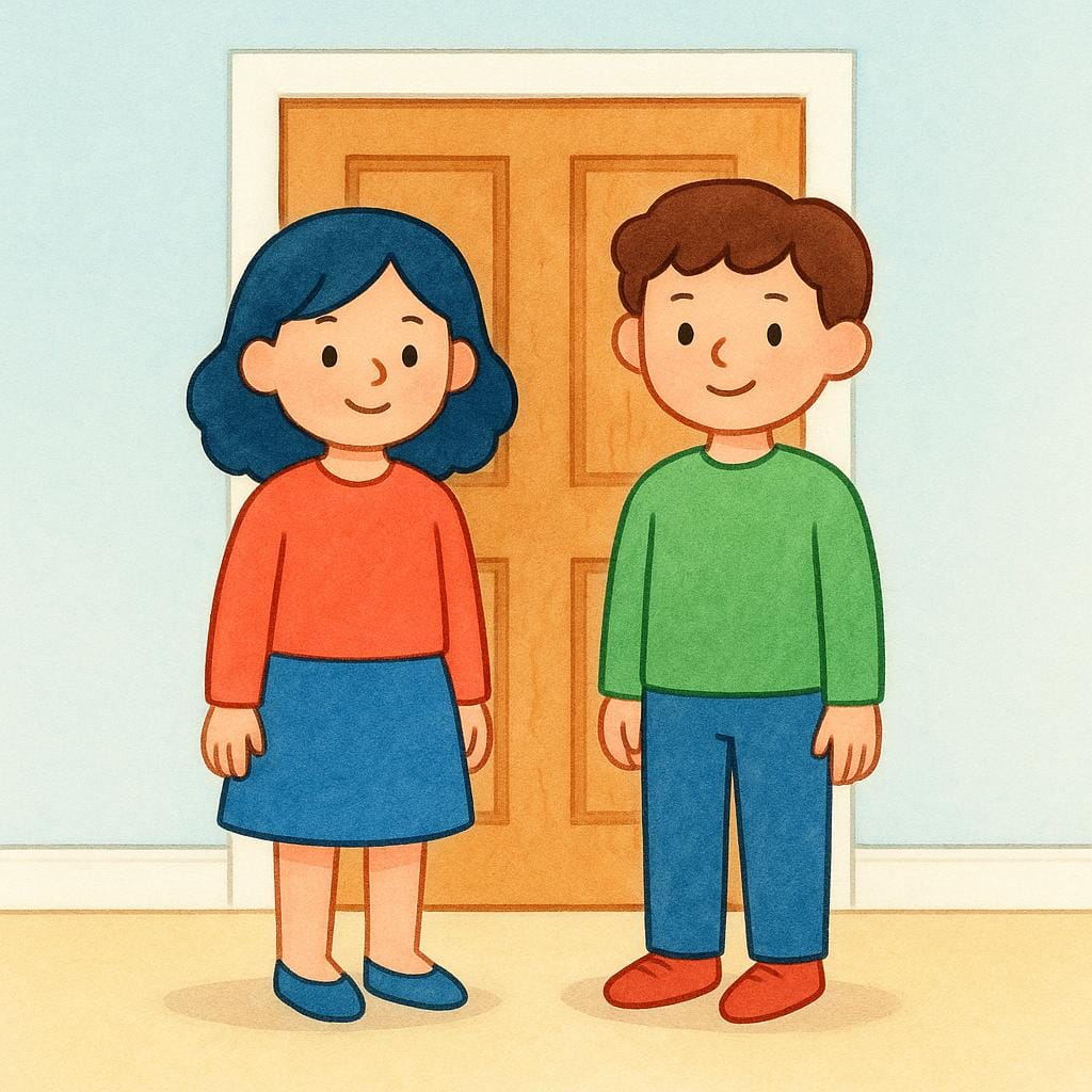 Un'illustrazione semplice, colorata e stilizzata in stile libro di fiabe di alta qualità che mostra due figure stilizzate completamente all'interno di una grande stanza luminosa. Una porta di legno chiusa è visibile immediatamente dietro di loro, a significare che l'azione è completata.