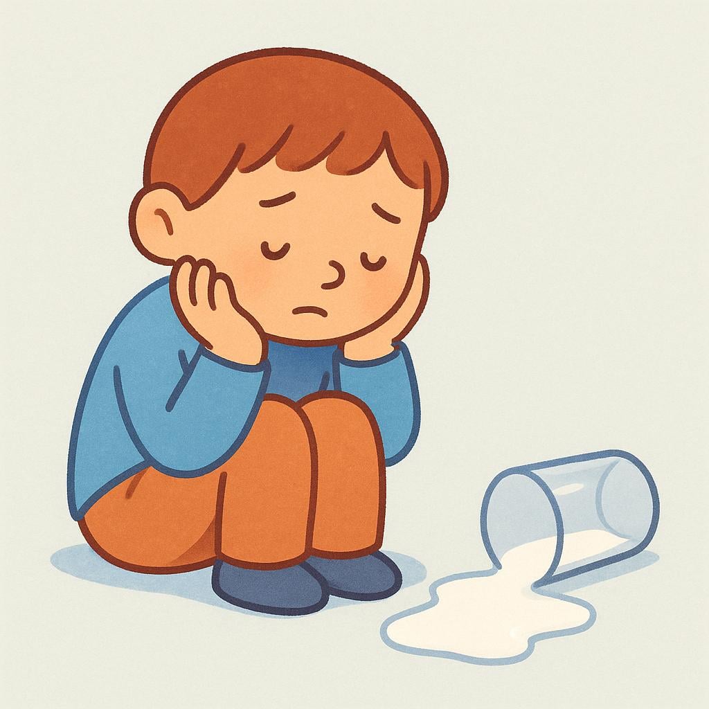 A sad, simple figure sitting next to a puddle of spilled milk on the floor, holding their head in their hands in an expression of great disappointment or regret.