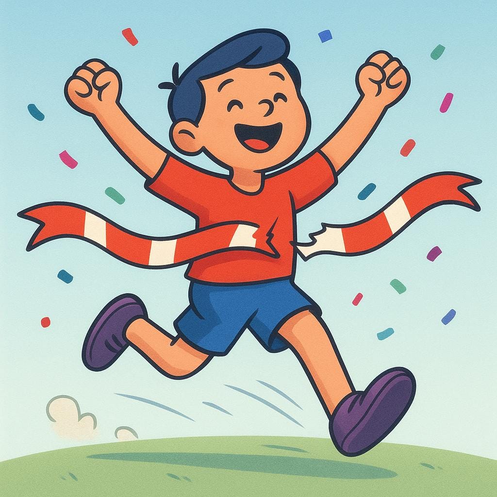 A joyful runner crossing a finish line ribbon that snaps dramatically, indicating a successful completion and a new record.