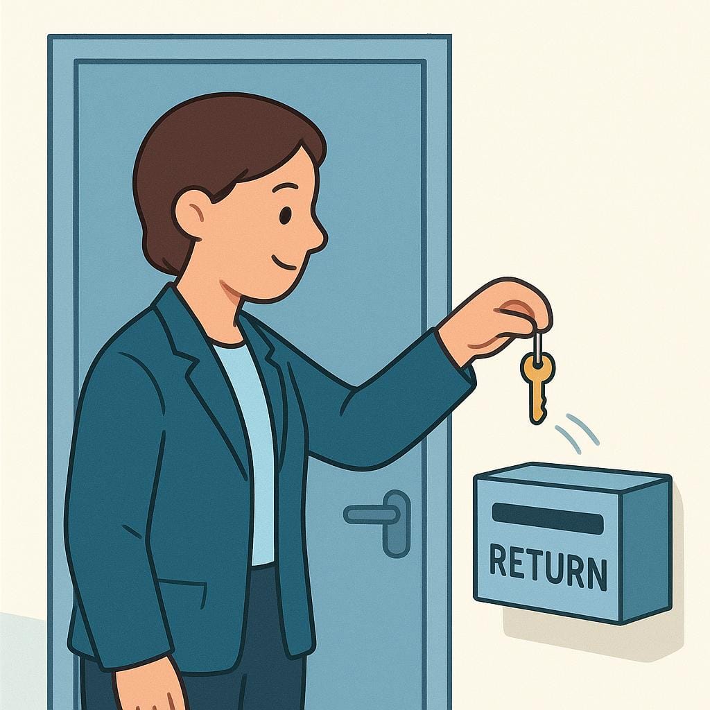 A person in professional attire dropping a large, ceremonial key into a return box near an office door, symbolizing resignation from a position.