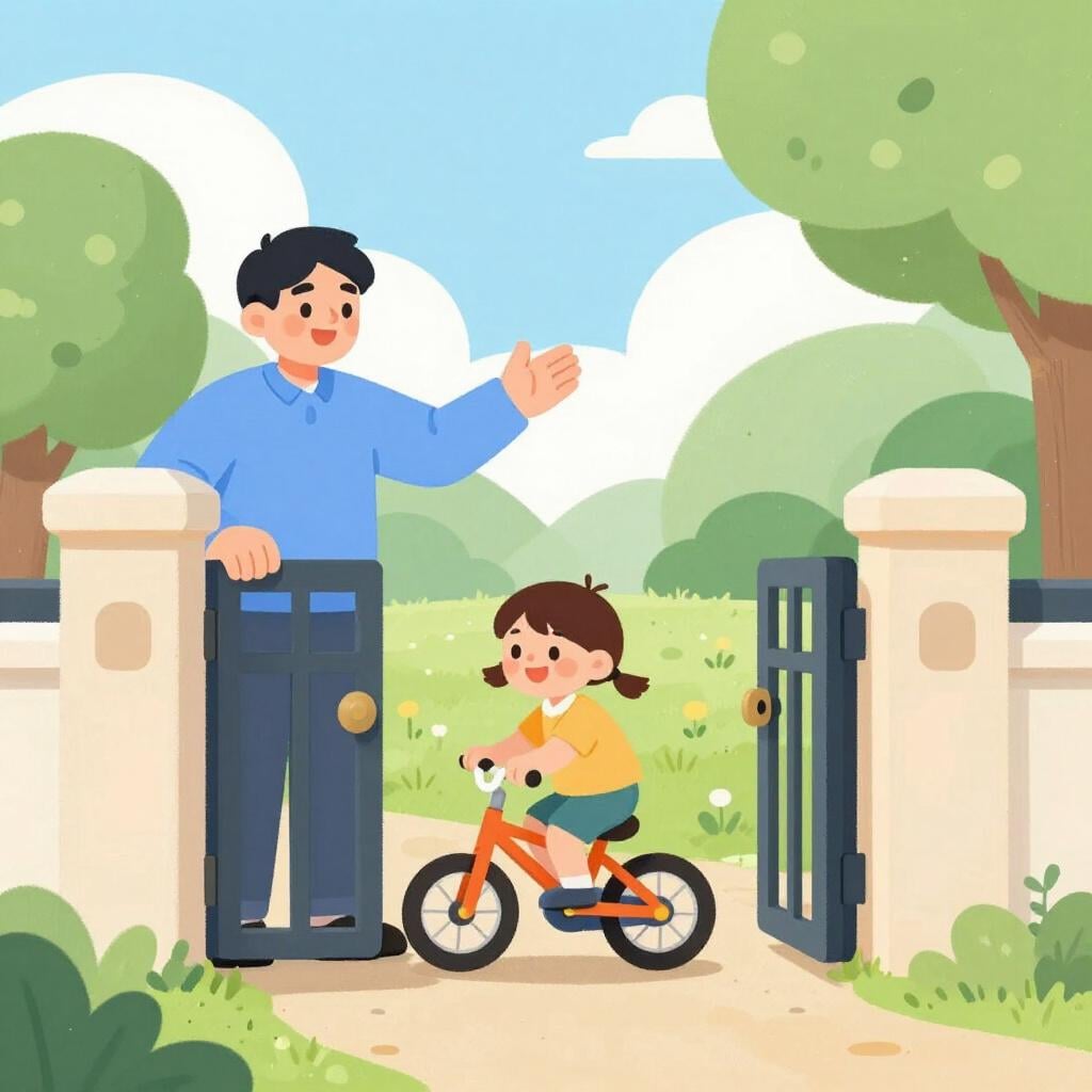 A parent smiling and nodding while opening a gate for a child on a bicycle.