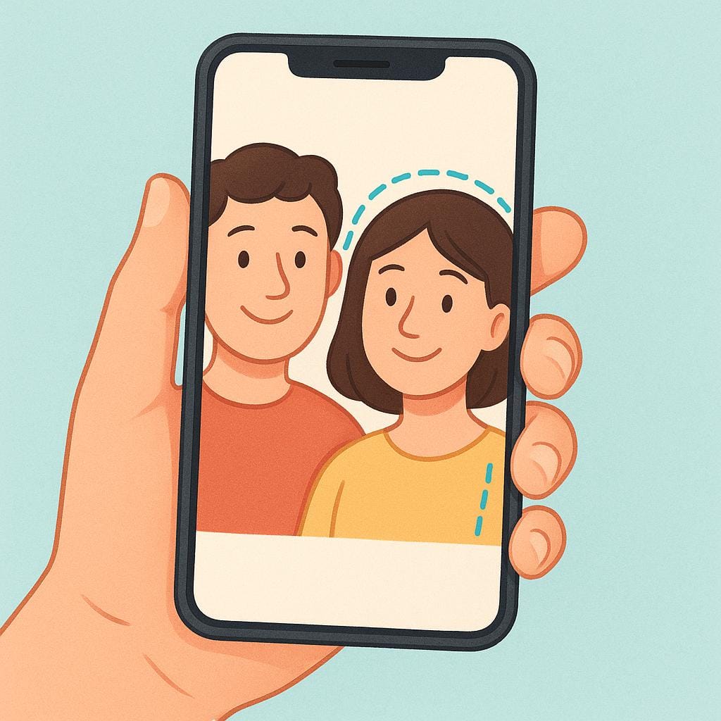 A hand holds a smartphone displaying a photograph of two friends, where one person is highlighted by a subtle blue outline to represent a digital tag.