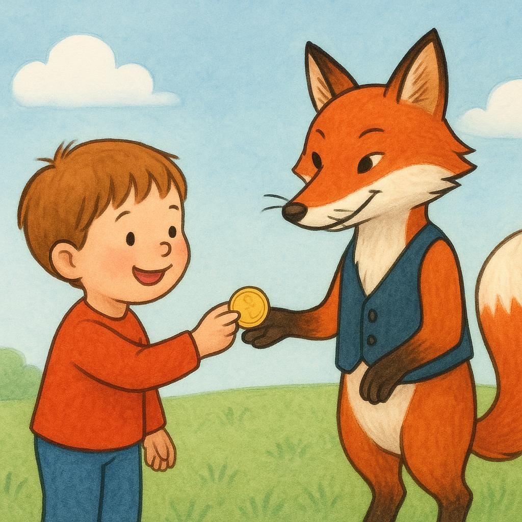 A friendly child offering a shiny gold coin to a fox wearing a suit.