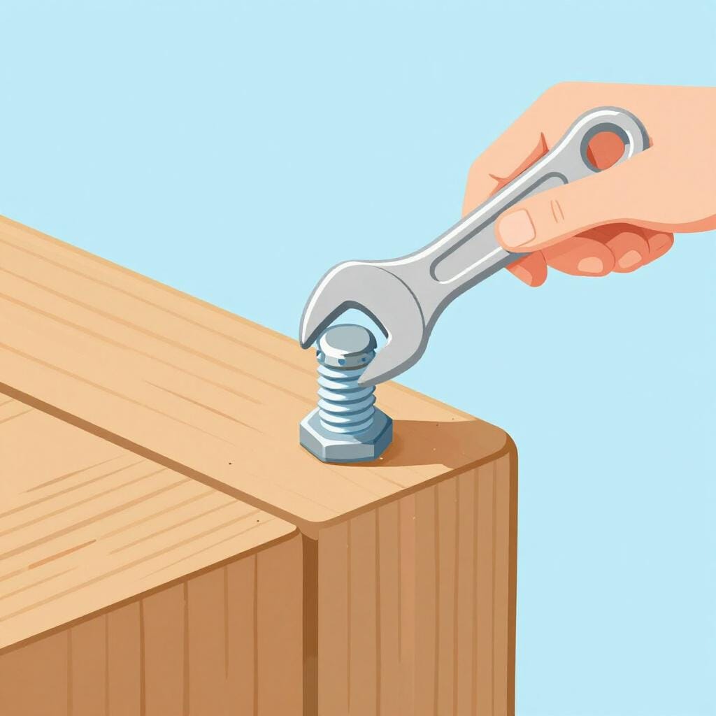 A hand using a wrench to tighten a bolt on a wooden beam.