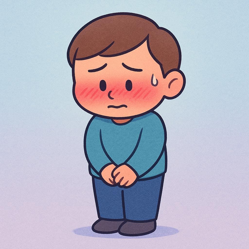 A simple character standing alone, blushing deeply on their cheeks and looking down, indicating embarrassment.