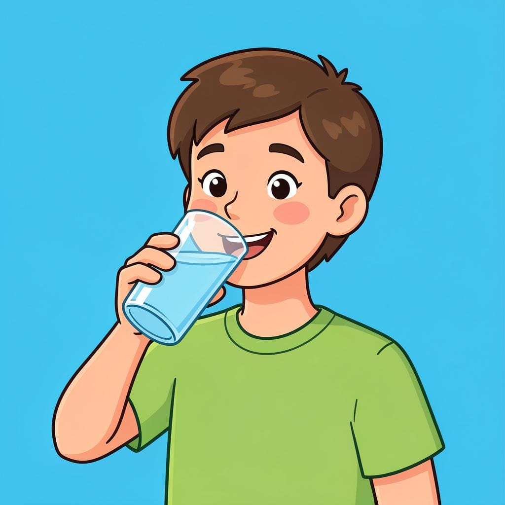 Una persona che beve felicemente un bicchiere d'acqua.