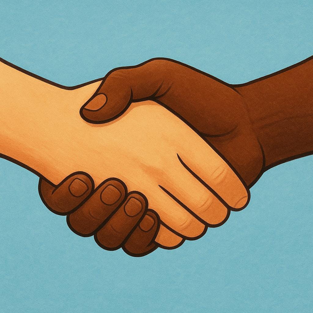 Two diverse hands, one light-skinned and one dark-skinned, clasped firmly in a handshake gesture, symbolizing mutual agreement or accord.