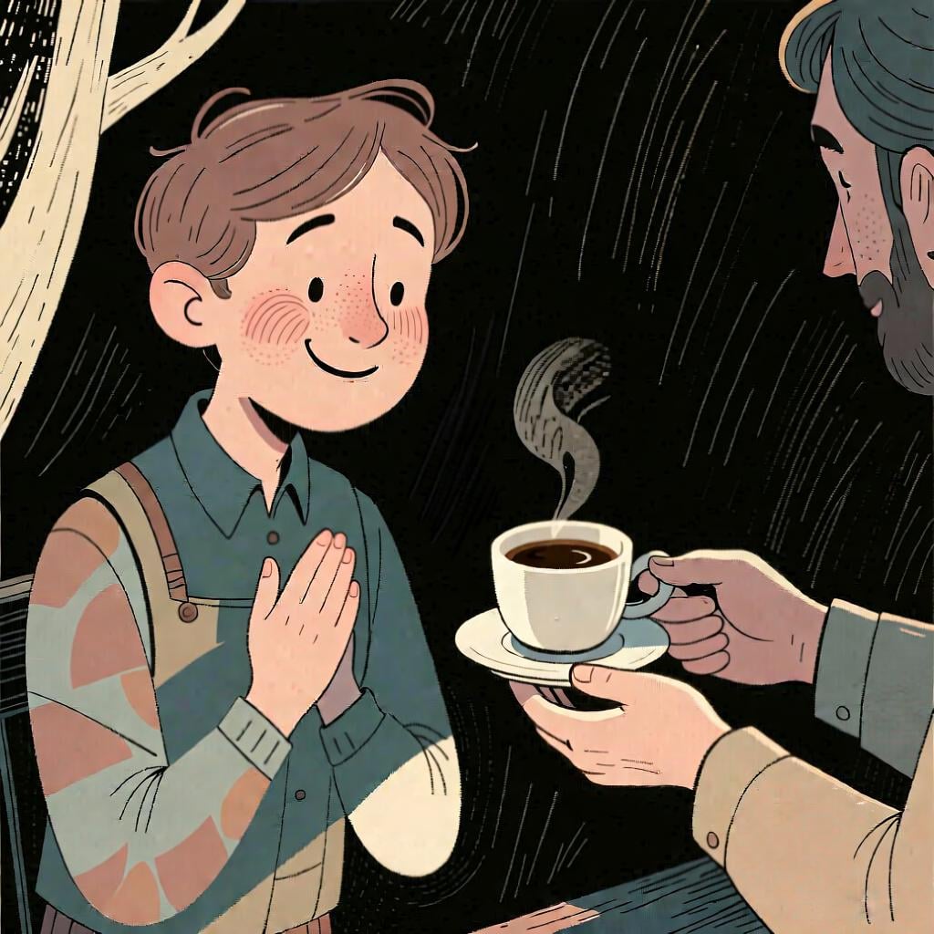 A person smiling warmly while receiving a cup of coffee from another person.