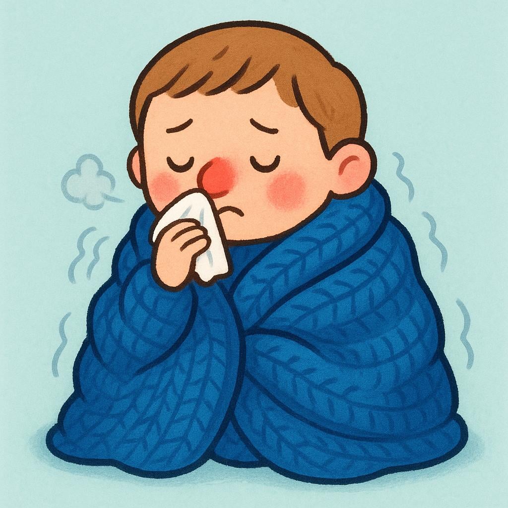 A cartoon illustration of a figure shivering dramatically while wrapped tightly in a thick blue blanket. The figure has a red nose and looks clearly unwell.