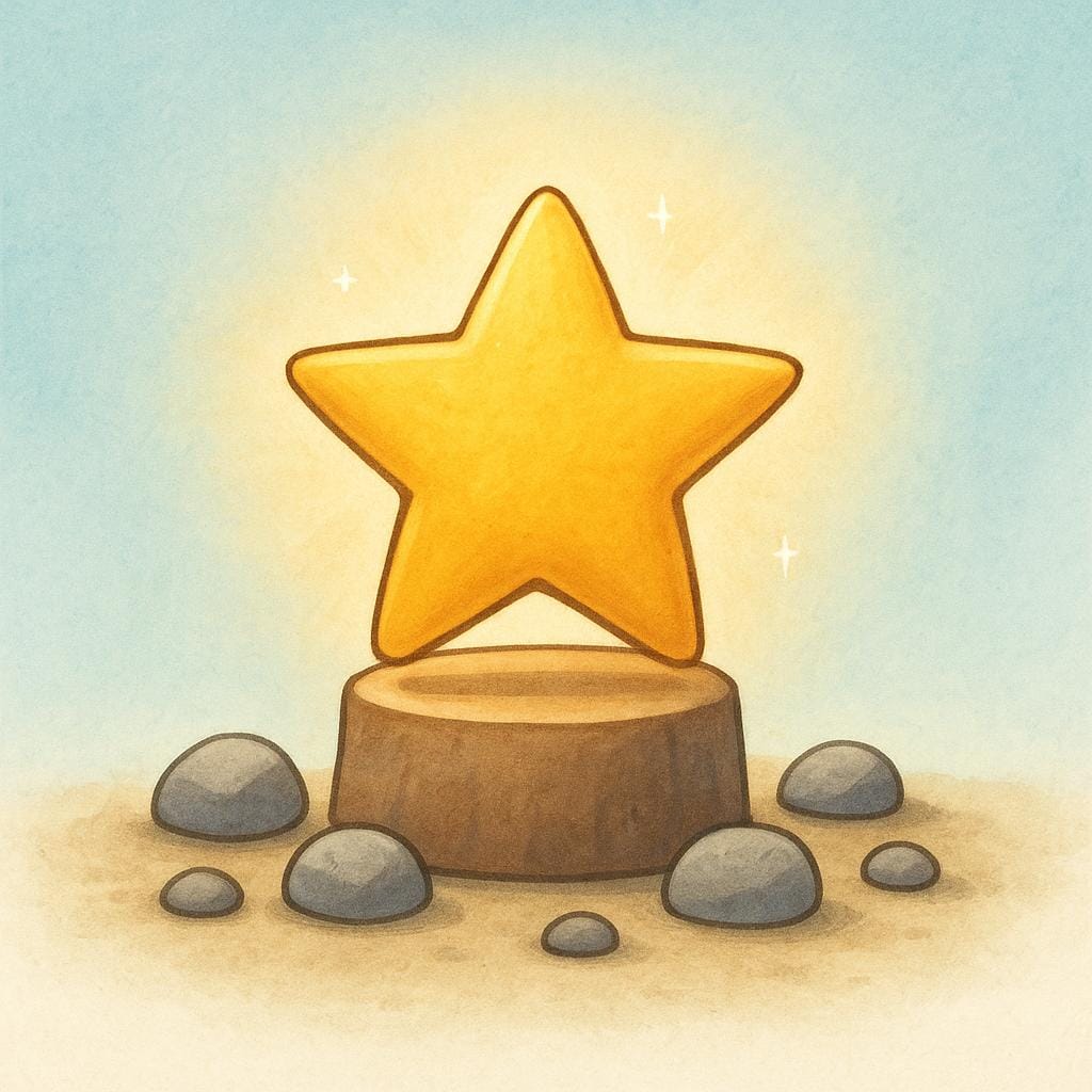 Uma única estrela dourada grande e brilhante pousada centralmente sobre um pequeno pedestal, cercada por muitas pedras cinzentas menores e opacas espalhadas pelo chão, simbolizando importância e relevância.