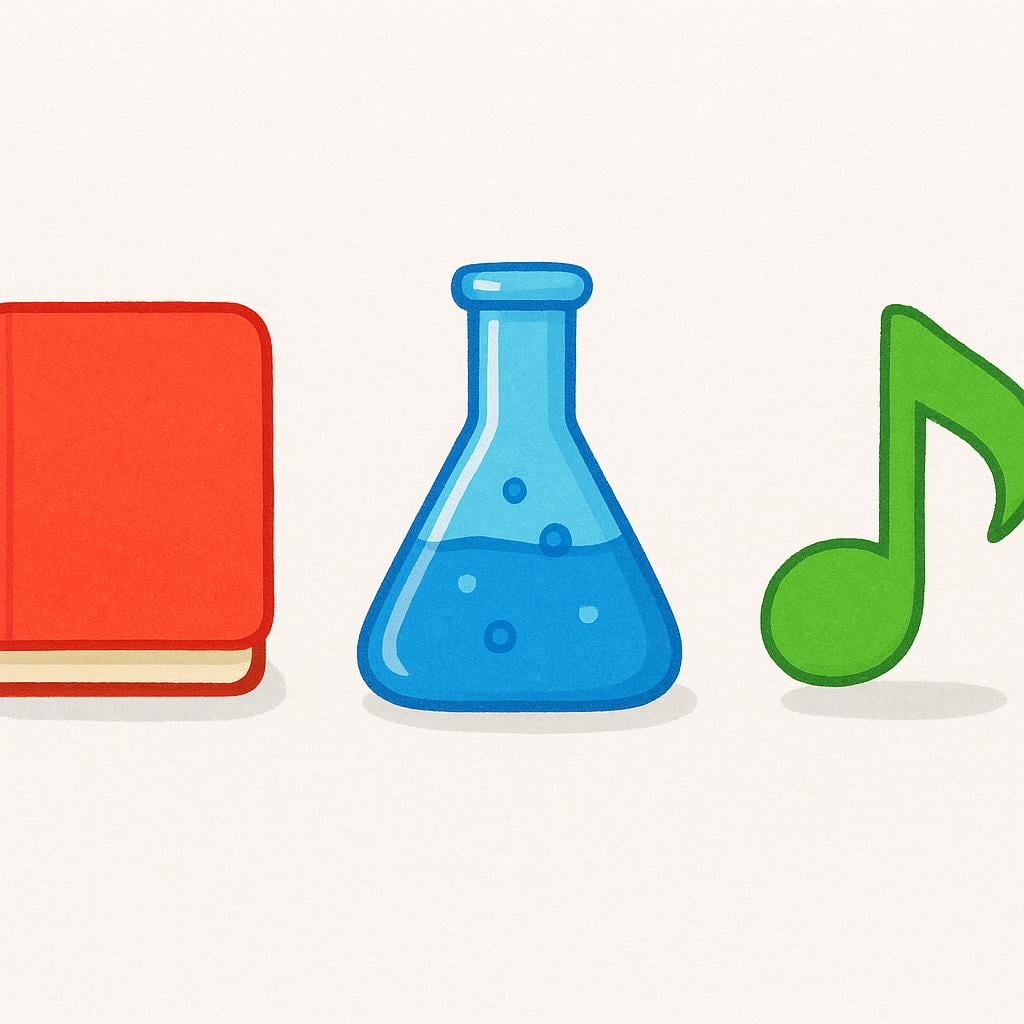 Three simple objects representing different fields of study: a bright red book, a stylized blue chemical flask, and a simple green music note, arranged side by side.