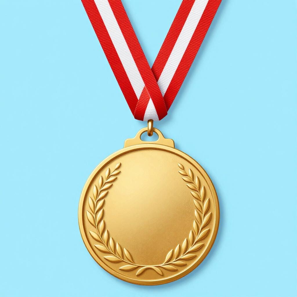 Una medaglia d'oro lucida appesa a un nastro a strisce rosse e bianche.