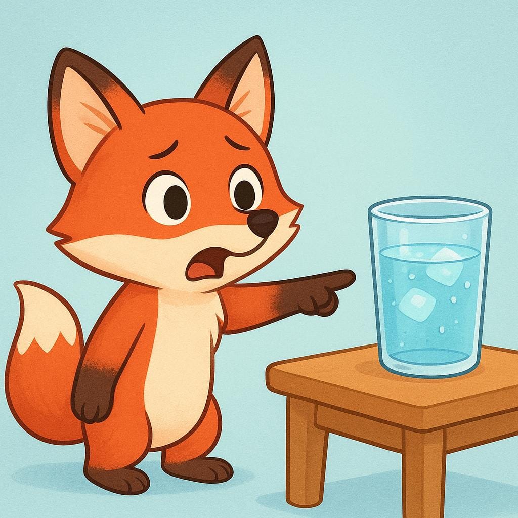 A small, friendly cartoon fox standing on its hind legs, pointing determinedly towards a glass of water, clearly indicating a requirement or need.
