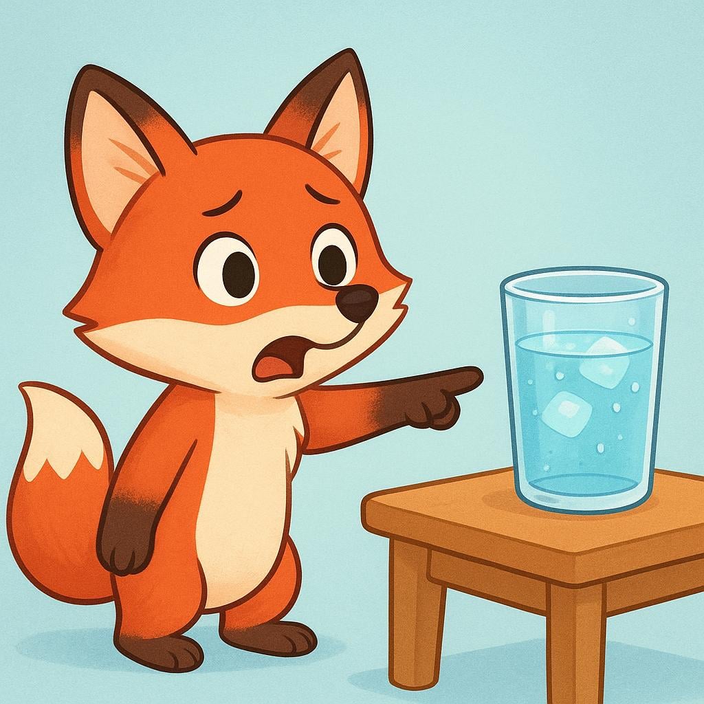A small, friendly cartoon fox standing on its hind legs, pointing determinedly towards a glass of water, clearly indicating a requirement or need.