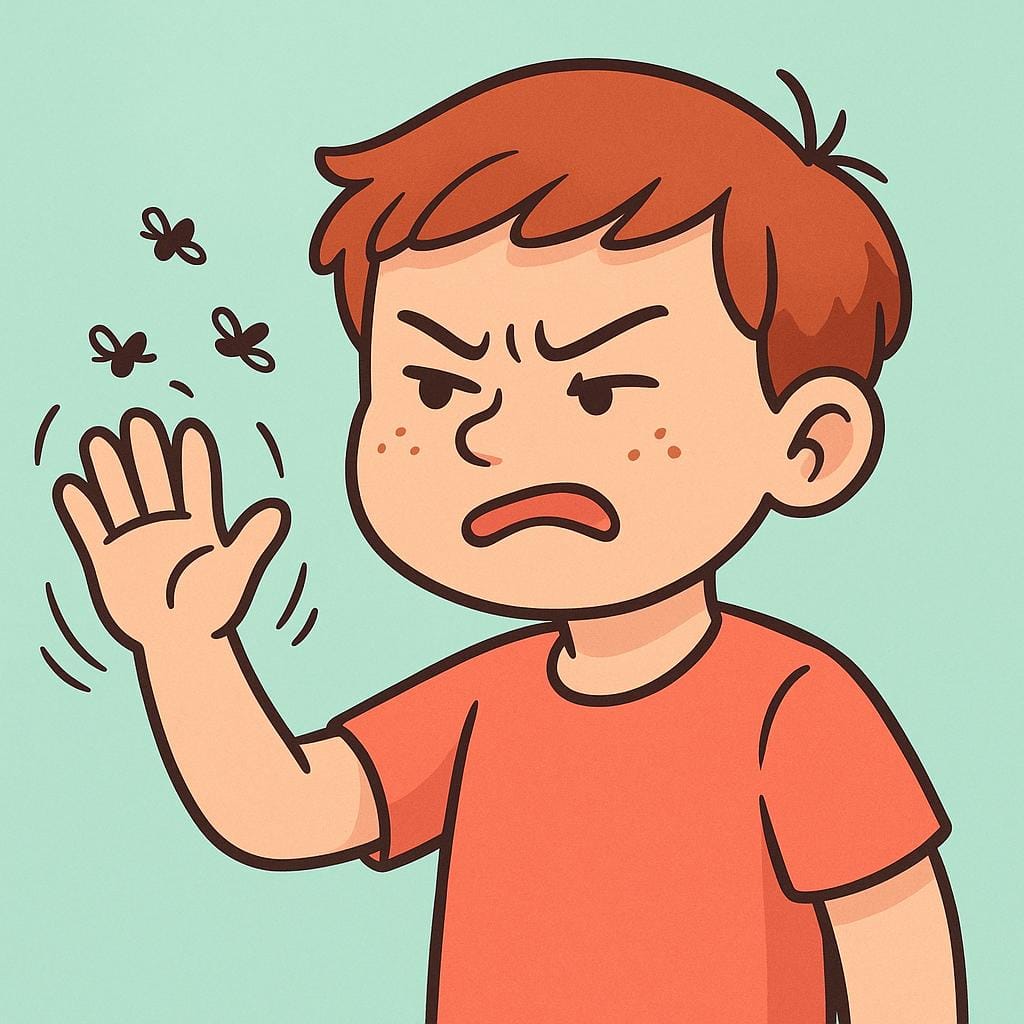A cartoonish character with a frustrated expression swatting their hand at a small, persistent swarm of flies buzzing near their ear.